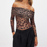 BXOXO Elegant Women’s Off Shoulder Mesh Tops See Through Long Sleeve Leopard Print Slim Fit T-Shirts Ruched Blouses Streetwear