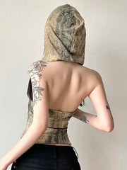 Bxoxo Y2k Aesthetics Pleated Shirt Fairycore Lace Up Blouse Trashy 2000s Style V-neck Shirt Irregular Japanese Harajuku 90sWaste Soil Style Hooded Backless Tank Tops Casual Slim Square Collar Sleeveless Asymmetrical Tops Wome