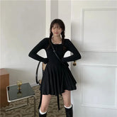 Bxoxo Black Lace Patchwork Dress Women Korean Chic Square Collar Long Sleeve Mini Dress Fall Fashion Preppy All-Match Bottoming Dress