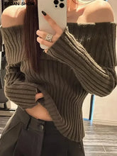 Bxoxo Autumn Winter Solid Color Rib Knitted Off the Shoulder Pullover Sweater Sexy Women Full Sleeve Slim Stretch Knitwear Jumper