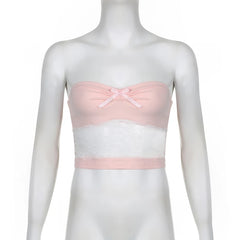 BXOXO Sweet Lace Stitched Crop Top y2k Cute Pink Strapless Bow Patchwork Tube Tops for Women Casual Kawaii Fairycore Mini Vest