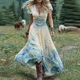 Bxoxo Sexy Retro Ethnic V Neck Long Dress Woman Elegant Boho Print A-Line Spliced Maxi Dress Summer Short Sleeve Holiday Evening Dress