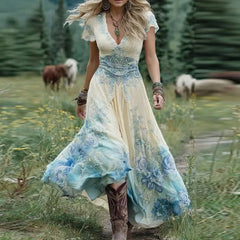 Bxoxo Sexy Retro Ethnic V Neck Long Dress Woman Elegant Boho Print A-Line Spliced Maxi Dress Summer Short Sleeve Holiday Evening Dress