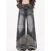 Bxoxo Y2k Vintage Patchwork Leopard Women Jeans Harajuku Washed Wide Leg Korean Fashion Denim Pants Baggy Trousers Streetwear