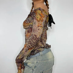 BXOXO Vintage y2k Print Mesh Ruched T-shirt Grunge 2000s Off Shoulder Long Sleeve Crop Top Women Casual T Shirts 90s Aesthetic