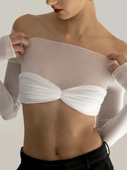 BXOXO See Through Mesh Crop Top Women Pullovers Strapless Short Knit Cropped Tops Ladies Tee Shirt Sexy Off-shoulder T-shirt