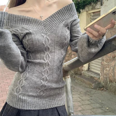 Bxoxo Korean Style Grey Sexy Sweater Women Sweet Off Shoulder V-neck Knitted Pullover Slim Up Fashion Long Sleeve Sweaters