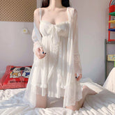 Bxoxo Elegant Sweet Simple Solid White Women Robe Gown Sets Chic Lace Bow Mesh Sleepwear Breathable Slim Nightdress