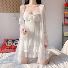 Bxoxo Elegant Sweet Simple Solid White Women Robe Gown Sets Chic Lace Bow Mesh Sleepwear Breathable Slim Nightdress