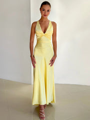 BXOXO Satin Bow Backless Sexy Maxi Dress For Women Gown Fashion V Neck Sleeveless Club Party Evening Dress Elegant