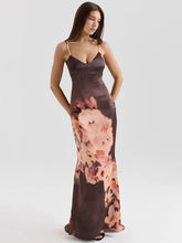 BXOXO Satin Floral Print Sexy Maxi Dress Women Gown Elegant Spaghetti Strap Sleeveless Backless Bodycon Evening Club Dress