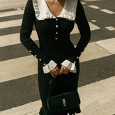 Bxoxo Elegant Knitted Long Skirt Women Black Vintage Long Sleeve Party Dresses Sweet Ruffle Patchwork Sweater Maxi Dress Slim