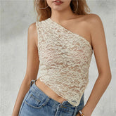 BXOXO Women Y2K Fairy Lace Cami Top Sexy One Shoulder Sleeveless Sheer Mesh Lace Cropped Tank Top Coquette Aesthetic Clothes