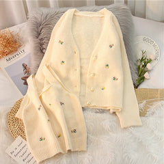 Bxoxo Two-piece Top Suit Flower Embroidered Knitted Korean Style Cardigan Autumn Fashion Sling Sweater Slim Sweet Jacket Sets