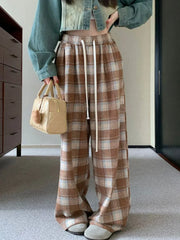 Bxoxo Vintage Faux Woolen Plaid Pant Women High Waist Soft Loose Wide Leg Trousers Casual Female Fall Winter Pockets Retro Y2K Pants