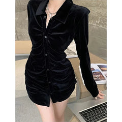 BXOXO Vintage Shirts Women Black Velvet Pleated Blouses Korean Elegant Folds Turn Down Collar Long Sleeve Slim Chic Casual Tops