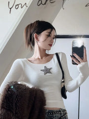 BXOXO Y2K American Retro Star T Shirts Women Harajuku Grunge Slim Basic Crop Tops Vintage Casual Long Sleeve Tees Aesthetic