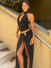 BXOXO Sexy Sleeveless Skirt Two Pieces Sets For Women Metal Buckle Backless Tops And Thigh Split Long Skirt Two Pieces Sets