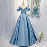 BXOXO New High-End Feel Off-Shoulder Blue Satin French Style Evening Dress For Women's Formal Performance Costume