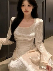 Bxoxo Autumn Elegant Velvet Midi Dresses For Women Lace Patchwork Flare Sleeve A-line Birthday Party Dress Vestidos Mujer New