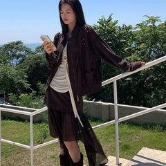 Bxoxo Vintage Brown Mesh Skirts Women Asymmetrical Harajuku Y2k Mid Skirt Japanese Style Streetwear Long Skirts Aesthetics