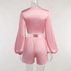 Pretty In Pink Satin Tie Up Crop Top & short Set