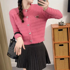 Bxoxo Ribbon Button Up Knit Cardigan Sweater for Women Long Sleeve Button Front Sweater Jacket Teen-girl Y2K Cute Outfit