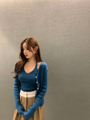 Bxoxo Chic Autumn New Vintage V-Ne Knitted Vest And Ele Sweater Cardigan Two-Piece Set Polyester Fiber Commute Sle