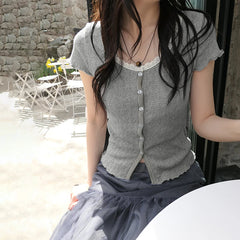 Bxoxo Kawaii Lace Stitching Grey Knitted Crop Top Korean Fashion Short Sleeve Button-up Skinny T-shirt for Women Y2k Streetwear