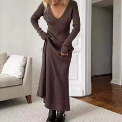 Bxoxo Sexy V-neck Elegant Knitted Dress Women Vintage Coquette Long Dress Autumn Winter Retro A-line Party Dresses Slim Up