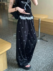 Bxoxo Fashion Lace Patchwork Women Casual Pants Summer Loose Preppy Bow Print Jogging Pants High Waist All Match Straight Trousers