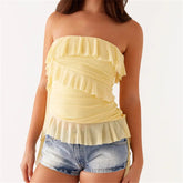 BXOXO Women Boho Strapless Ruffle Mesh Tube Top Solid Color Boat Neck Irregular Hem Slim Bandeau Top Sexy Cami Vest
