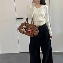 Bxoxo Korean Style V Neck Sweaters Women Preppy Style Sweet Knitted Pullover Vintage Elegant Old Money Long Sleeve Crop Tops