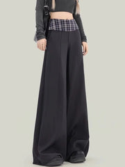 Bxoxo Plaid Patchwork Suit Pant Women Vintage Casual Korean High Waist Trouser Autumn Retro Loose Elegant Black Wide Leg Pant New