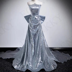 BXOXO Silver Sequin A Line Prom Dress Strapless Beading Detachable Bow Special Occasion Dresses Backless فساتين للمناسبات الخاصة