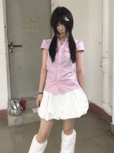 Bxoxo Y2k Fairycore Striped Shirt Women Short Sleeve Pocket Casual Shirt Japanese 2000s Blouse And Shirt American Retro Tops