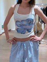 BXOXO Street Soprty Vest Women High Elasticity Square Collar Floral Print Skinny Versatile Summer Trend Simple Classic Tops