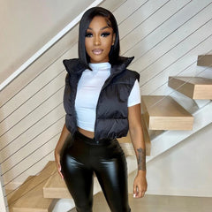 BXOXO Autumn And Winter Women's Short Cotton Down Vest Short Stand-up Collar Warm Sleeveless Quilted Vest Outdoor Travel Jacket Tops