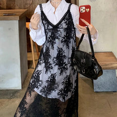 Bxoxo Lace Floral Transparent Dresses Women Black Sexy Long Dress Korean Sleeveless Holiday Dress Vacation Streetwear Party