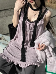 Bxoxo Harajuku Japanese Style Tank Tops Women Vintage Polka Dot Ruffle Sleeveless Mesh Dress Sexy See-through Layered Wear