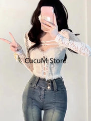 Bxoxo Sexy Crop Tops Slim Fit Lace Blouses for Women Temperament Shirts Bandage Fashion White Y2k Blouse White Cltohing 2023 Summer