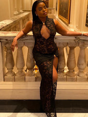 Bxoxo Black Lace Long Dress For Women Sleeveless Hollow Out High Slit Bodycon Evening Dresses Sexy Slim Party Vestidos