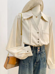 Bxoxo Korean Long Sleeve Shirt Women Autumn Loose Lapel Tops Harajuku Single Breasted Simple Basic All Match Ladies White Blouse