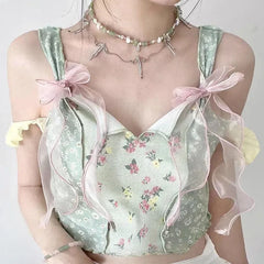 BXOXO French Style Outer Weartank Women's Cropped Top Spring Summer Printing Spandex Material Bow Decoration Strap Vest