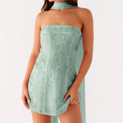 BXOXO Women Sequin Strapless Mini Dress with Scarf Y2K Rhinestone Sleeveless Off Shoulder Dress Sexy Backless Club Party Dress