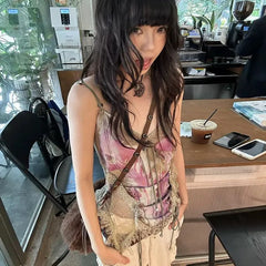 BXOXO Gothic Tank Tops Women Sleeveless Tie Dye Y2k Vintage Crop Tops Streetwear 2000s Japanese Lace Up Camis E-girls Summer