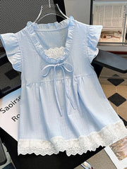 BXOXO Sweet Lace Patchwork Tanks Women Loose Flying Sleeve Elegant Tanks Tops Vintage Casual Female Korean Summer Retro Tops New