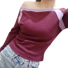 Bxoxo Fairy Grunge Top y2k Vintage Aesthetic Patchwork Off Shoulder Long Sleeve T Shirt 2000s Women Clothes Casual Streetwear