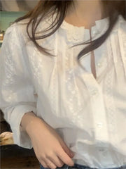 Bxoxo Flower Embroidery Blouses Lace Trim O-Neck Long Sleeve Blouse Spring Vintage Female Elegant Casual French Shirts Women Clothes