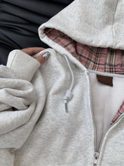 Bxoxo Retro Patchwork Plaid Gray Hoodie Women Autumn Zipper Cardigan Tops Versatile Loose Casual Outerwear Female